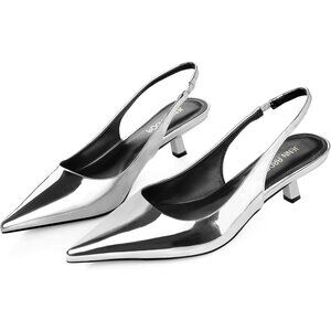 Women Slingback Silver Heel Pumps Dressy Kitten Heels Sandals Wide Width Shoes
